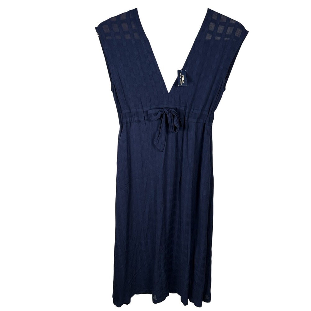 NEW Polo Ralph‎ Lauren Swim Cover-Up Dress Large Navy Blue Tie Waist Semi Sheer